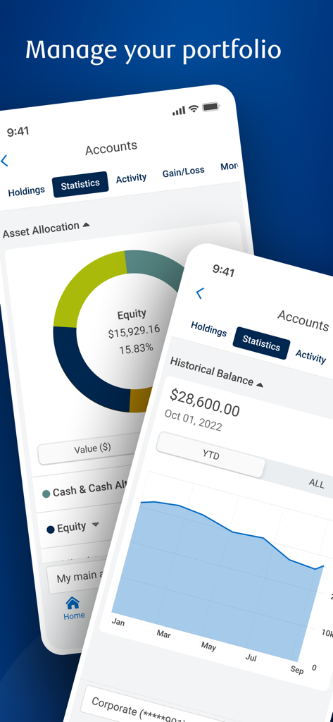 RBC Wealth Management app dashboard displaying asset allocation and historical portfolio performance charts