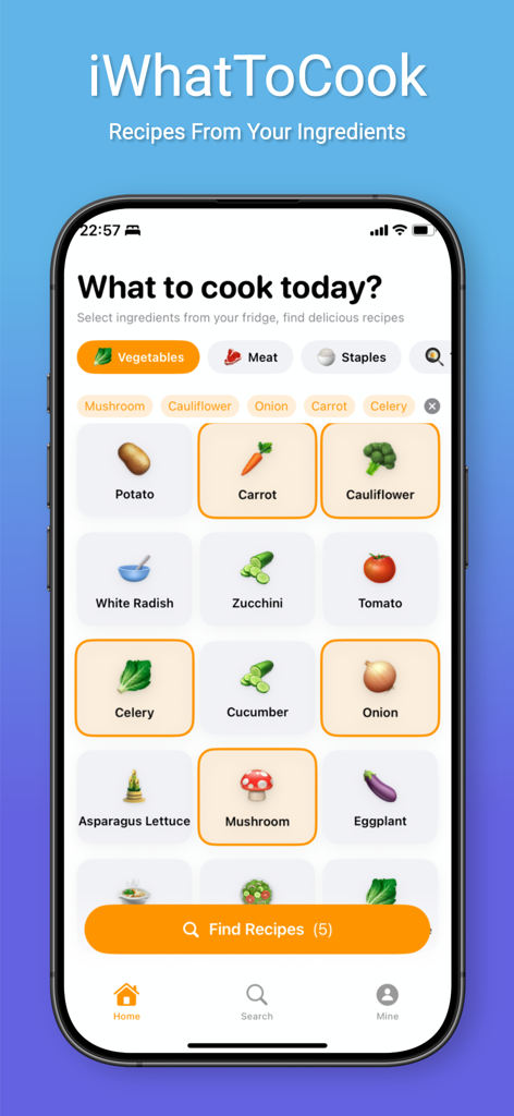 Interface do aplicativo móvel iWhatToCook para selecionar ingredientes e encontrar receitas