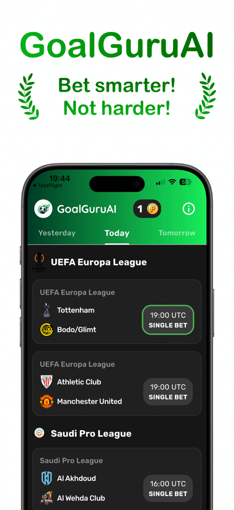 GoalGuruAIモバイルアプリ画面、UEFAヨーロッパリーグとサウジプロリーグのフットボール試合予測を表示