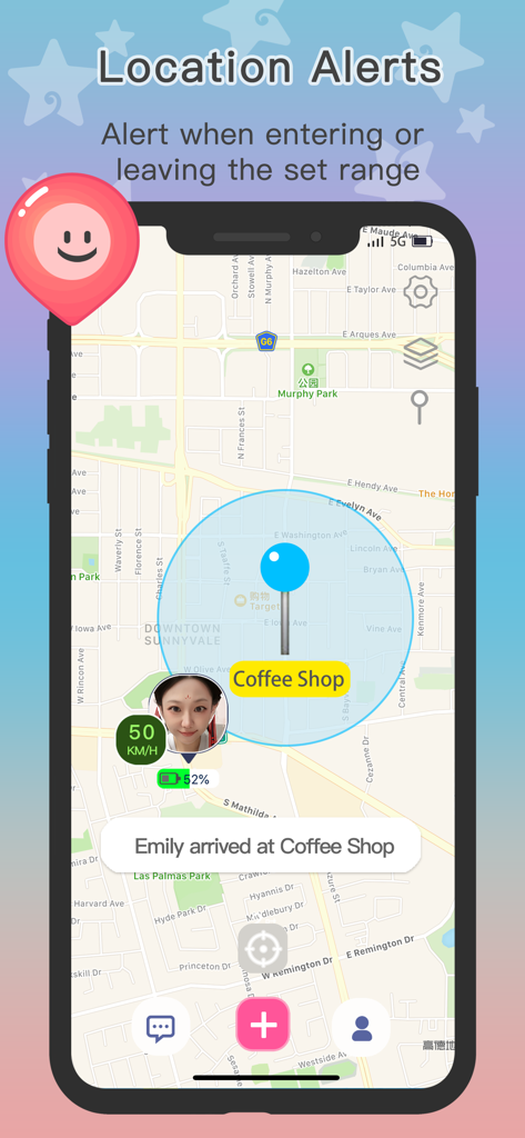Loclike iHere Find Friends - Loclike iHereアプリインターフェイス。コーヒーショップに到着した人へのリアルタイム位置情報アラート通知が表示されます。
