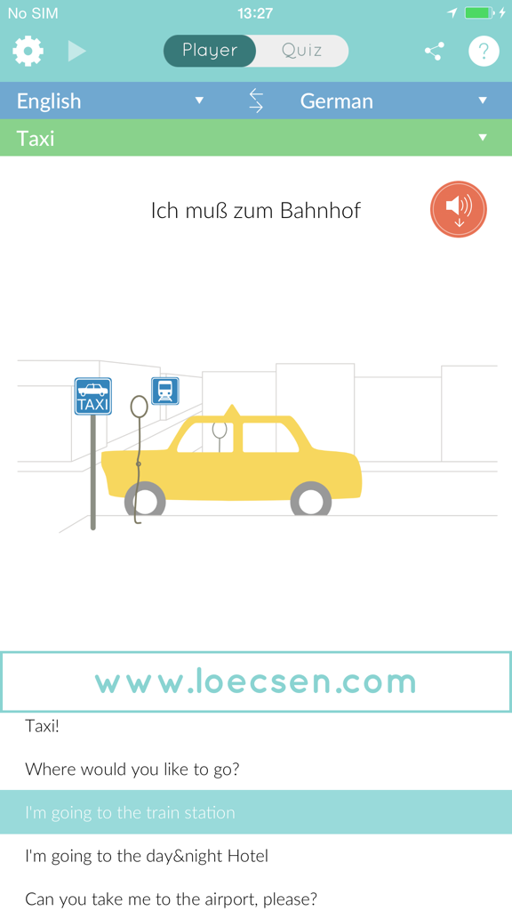 Die Benutzeroberfläche des Audio-Reisesprachführers von Loecsen zeigt deutsche Taxi-Sätze und Illustrationen