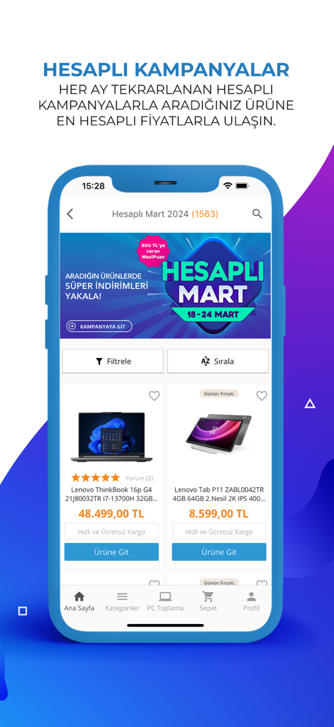 Incehesap mobile app interface showing electronic product discounts and campaigns
