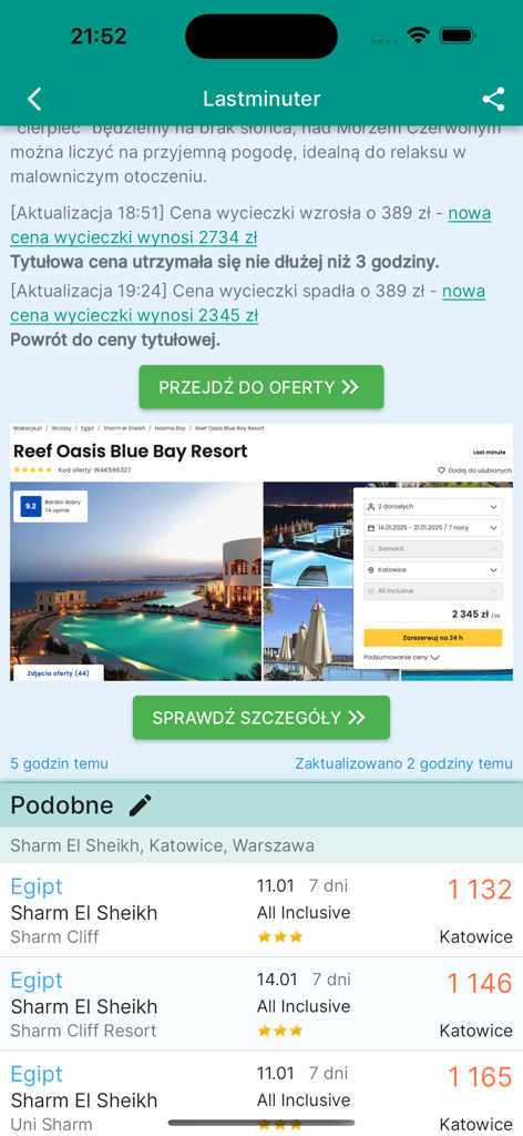 Interface of Lastminuter app showing a vacation deal for a resort in Egypt with price updates.