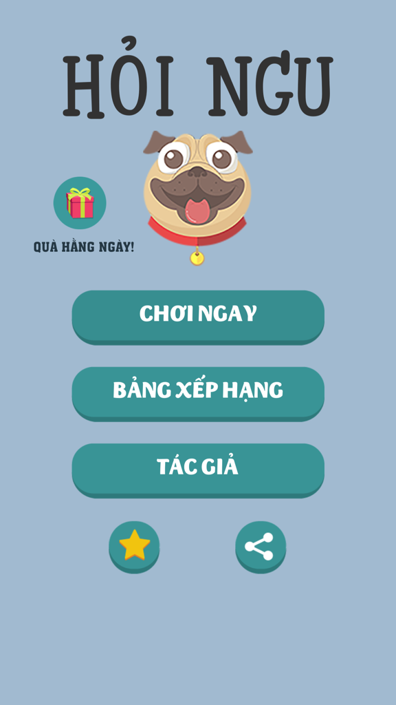 Home screen of the Do Vui Hai Nao app featuring a happy pug character and game navigation buttons in Vietnamese.