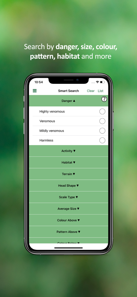 eSnakes Southern Africa - Smart search screen for identifying snakes by danger level and physical characteristics