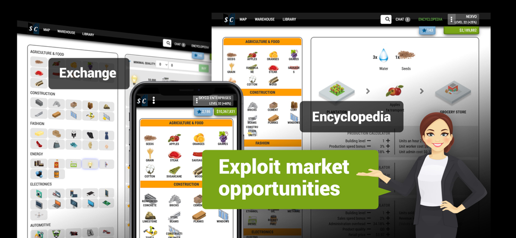 Business management dashboard in Sim Companies MMO Tycoon featuring resource exchange encyclopedia and market analysis tools