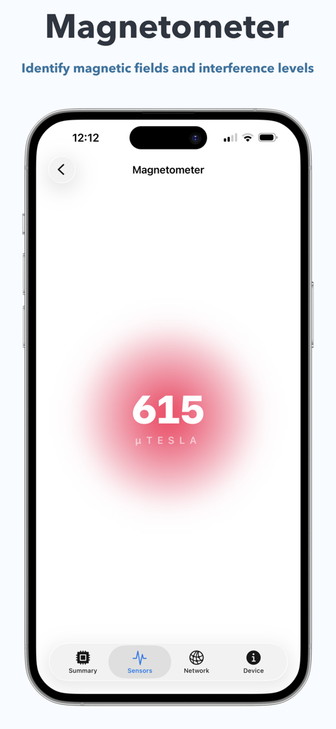 iDevice Monitor - iDevice Monitor app showing a magnetometer sensor reading of 615 microtesla