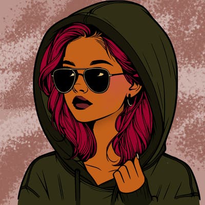 realistic teenage girl, wearing a hoodie and sunglasses