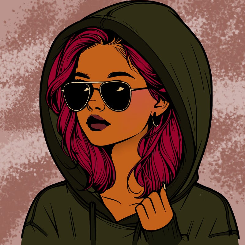 realistic teenage girl, wearing a hoodie and sunglasses