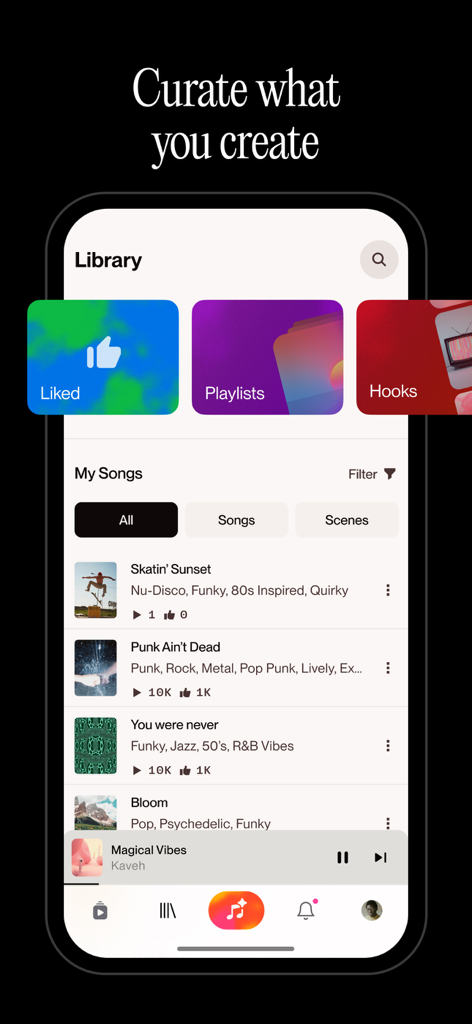 Tela da biblioteca do aplicativo Suno exibindo uma lista curada de músicas e playlists geradas por IA.