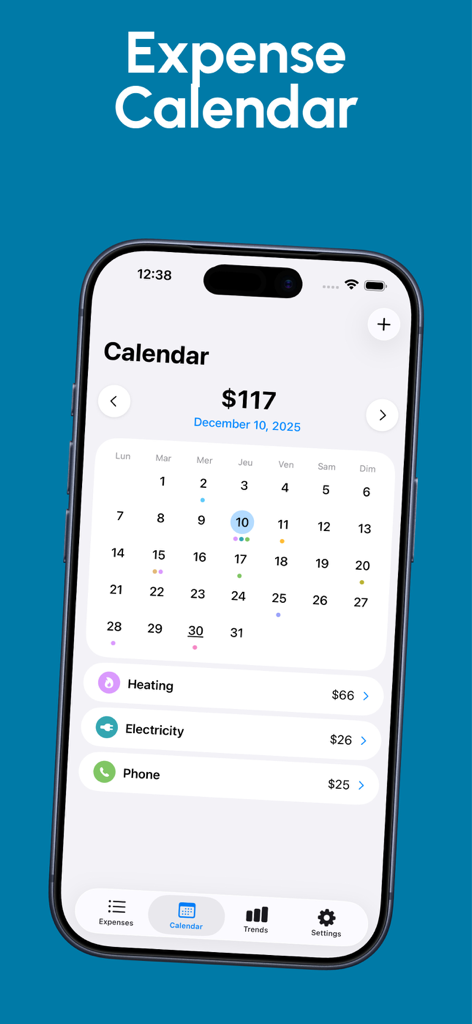 Folyo – Expense Tracker - Calendário de despesas do aplicativo Folyo mostrando totais de gastos diários e listas de transações categorizadas
