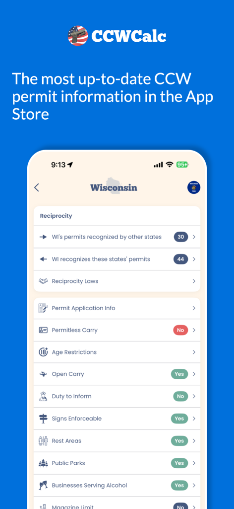 CCWCalc app interface showing Wisconsin concealed carry laws and reciprocity details.