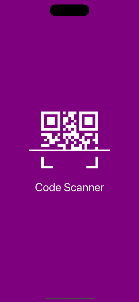 Code Scanner app splash screen showing a white QR code icon on a purple background