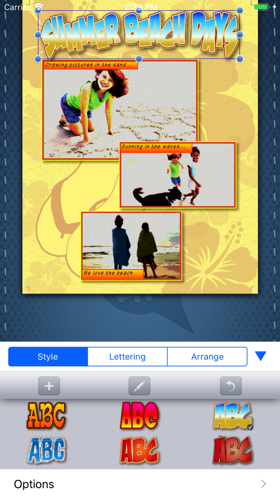 Interfaz de la aplicación Comic Life mostrando un cómic de playa de verano y opciones de texto