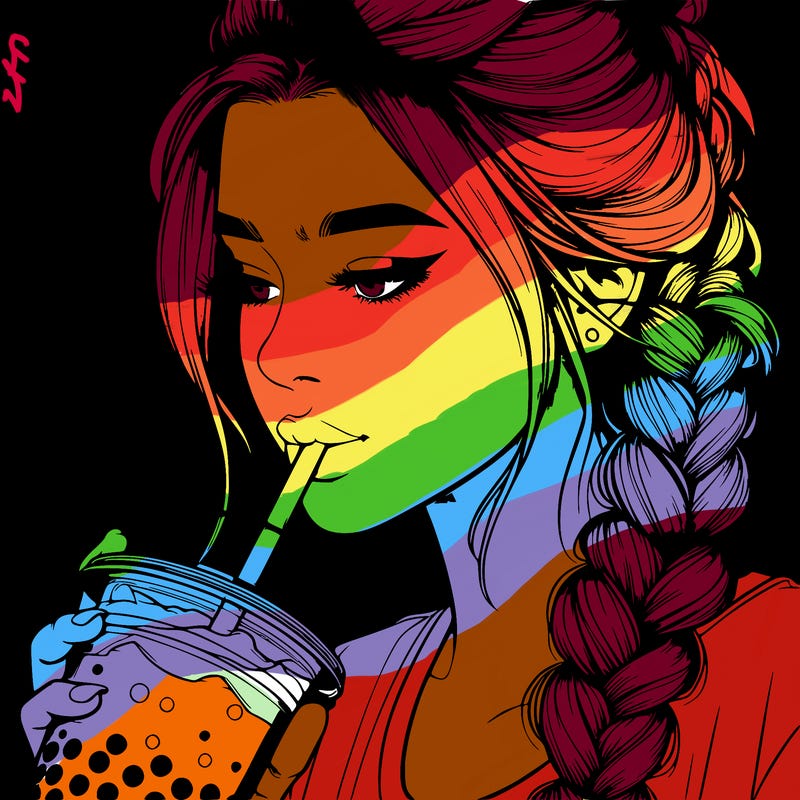 realistic girl drinking boba tea with braided hair