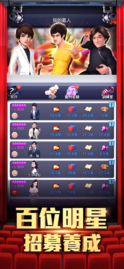 王牌製片人 - Ace Producer game interface showing a list of recruited celebrities and their performance stats.