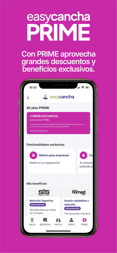 easycancha - Tela de assinatura Easycancha Prime exibindo benefícios exclusivos e descontos esportivos