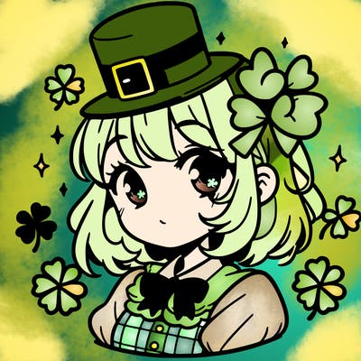 a manga-style girl with clovers around her, a little hat in her hair, like it's saint patrick's day