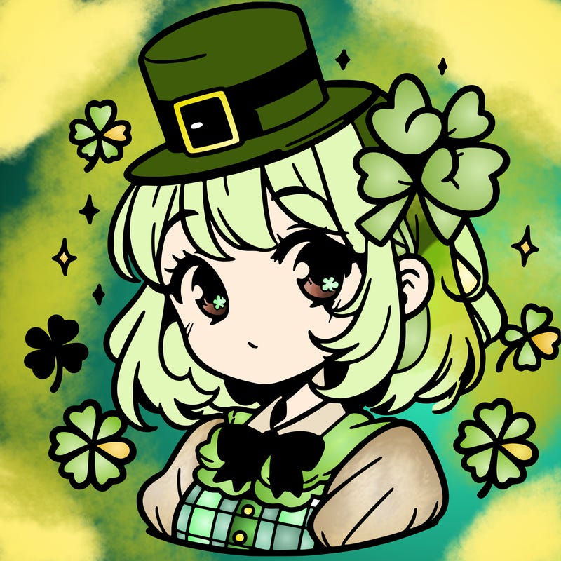 a manga-style girl with clovers around her, a little hat in her hair, like it's saint patrick's day