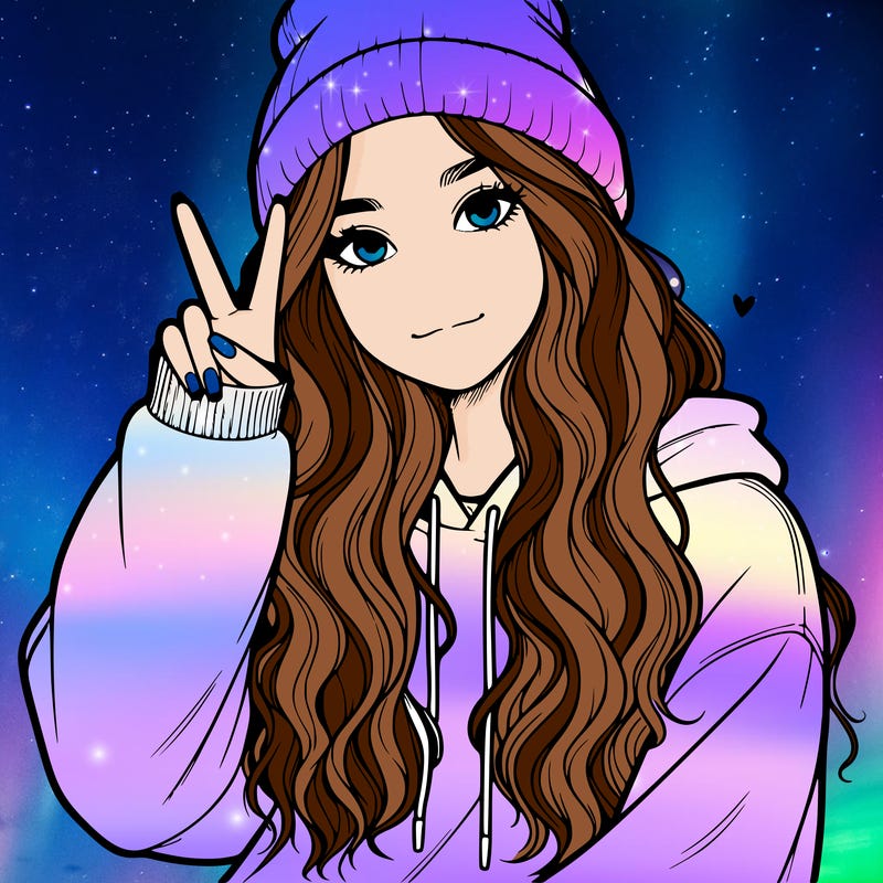 a teenage girl in a beanie, oversized sweatshirt, wavy long hair, and is showing a ✌️