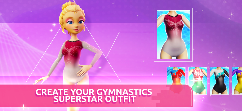 Gymnastics Training 3D: Master - A female gymnast character showing the outfit customization menu with several leotard design options