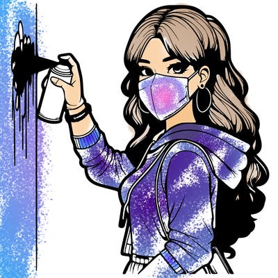 realistic girl with mask spray painting a wall