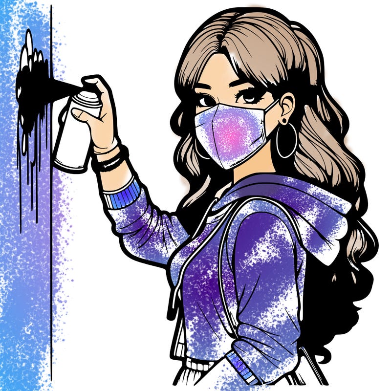 realistic girl with mask spray painting a wall