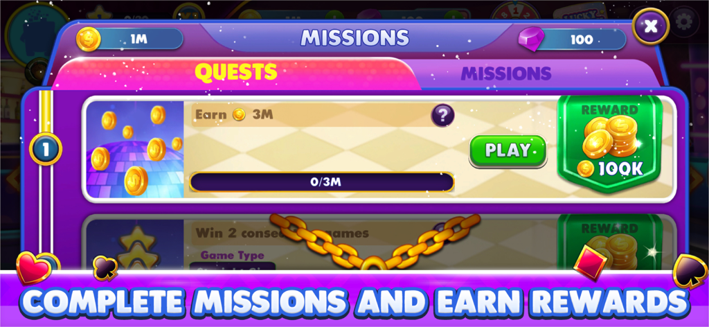 Gin Rummy Elite: Online Game - Menú de misiones y objetivos en la aplicación Gin Rummy Elite que muestra recompensas diarias y seguimiento del progreso.