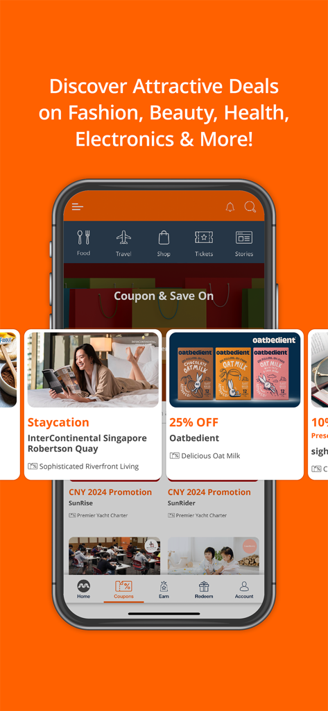 Interface of merewards app featuring diverse deals and lifestyle categories