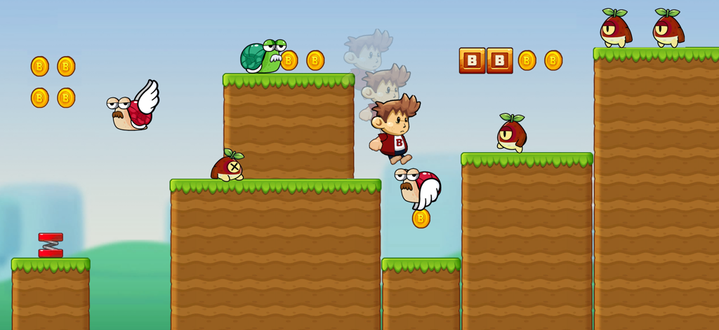 Billy's Jungle Adventure - Billy jumping between platforms in a classic jungle platformer game with enemies and coins