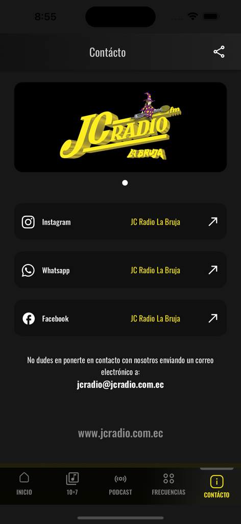 Contact screen of the JC Radio La Bruja app displaying social media links for Instagram, WhatsApp, and Facebook along with contact email.
