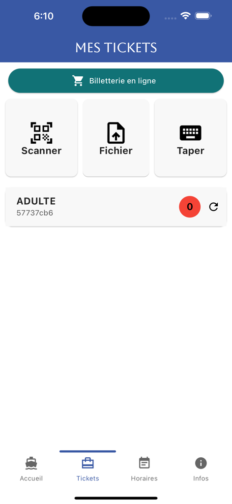 The My Tickets management screen of the Aremiti ferry app showing digital ticket options and scan features