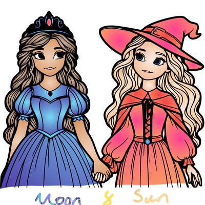 a princess and a witch holding hands realistic