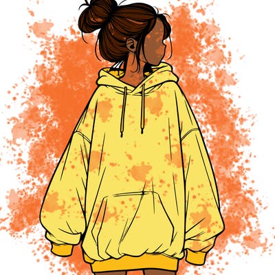 realistic girl with a oversized sweatshirt on and a bun