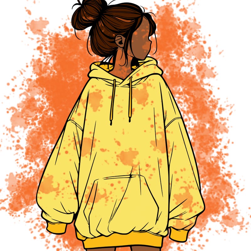 realistic girl with a oversized sweatshirt on and a bun