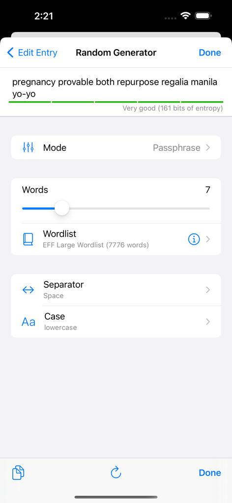 Pantalla del generador de frases de contraseña aleatorias de KeePassium Pro que muestra la configuración de la lista de palabras y la calificación de entropía