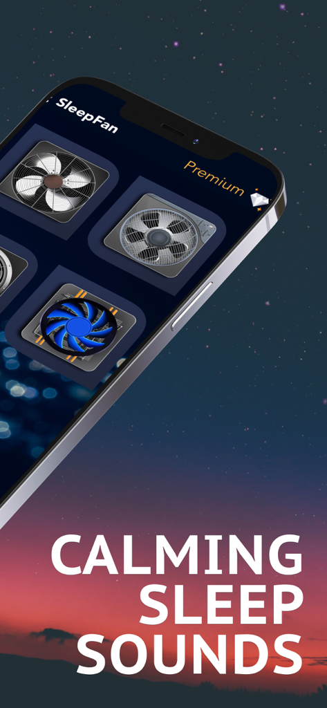 Sleep Fan mobile app screen showing different fan sound options and calming sleep sounds text