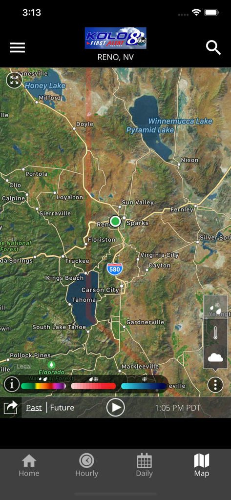 App KOLO FirstAlert Weather che mostra la mappa del terreno di Reno Nevada e la vista radar