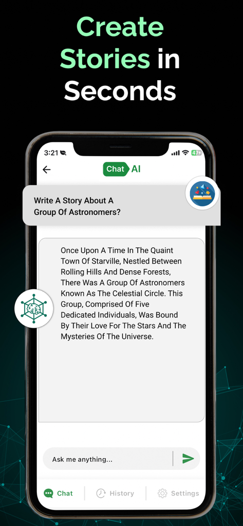 AI Chat: Smart AI Assistant - AI Chat interface displaying a generated story response to a writing prompt