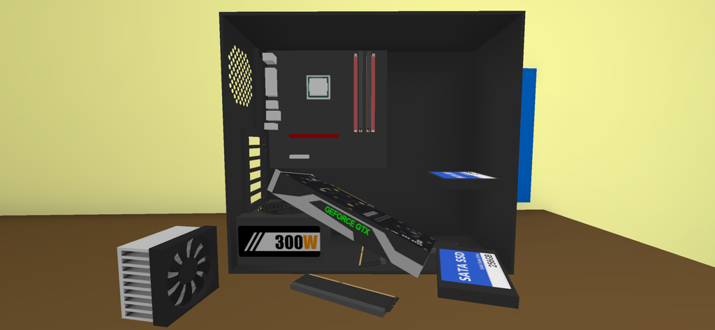 Una vista 3D en primera persona de componentes de computadora como una tarjeta gráfica y un SSD siendo ensamblados en una caja de PC.