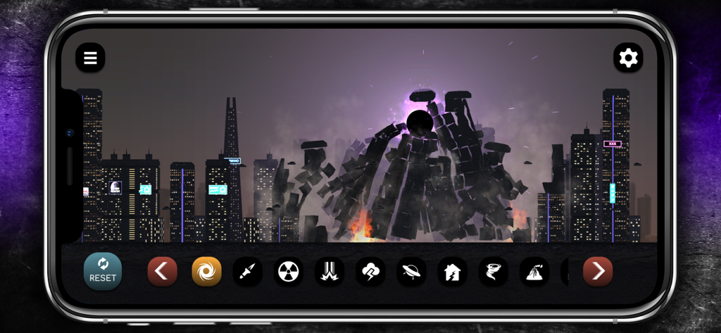 City Smash - City Smashモバイルゲームの物理遊び場で、ブラックホール兵器が超高層ビルを破壊している様子。