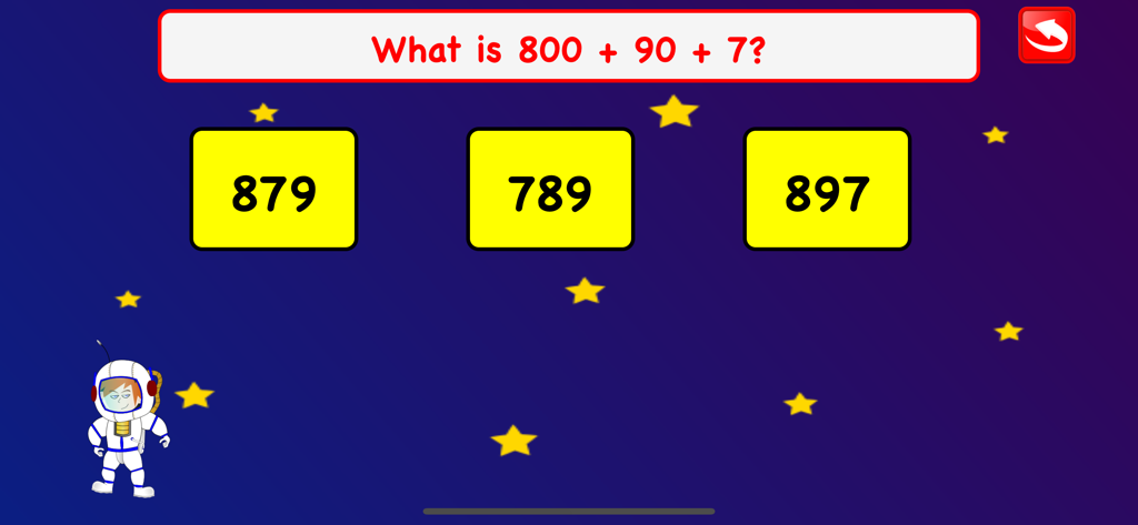 Third Grade Math Games Kids - Third grade math addition game screen with a space theme and an astronaut