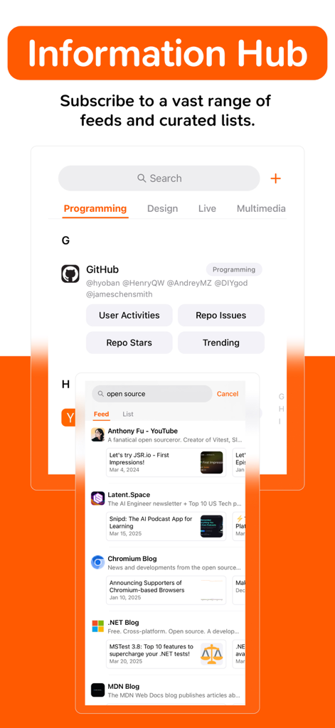 Interface of the Folo app showing the Information Hub where users can subscribe to various feeds and curated lists
