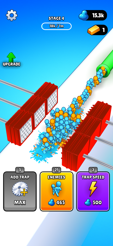 Red wall traps squishing stickman enemies in the Trap Master game
