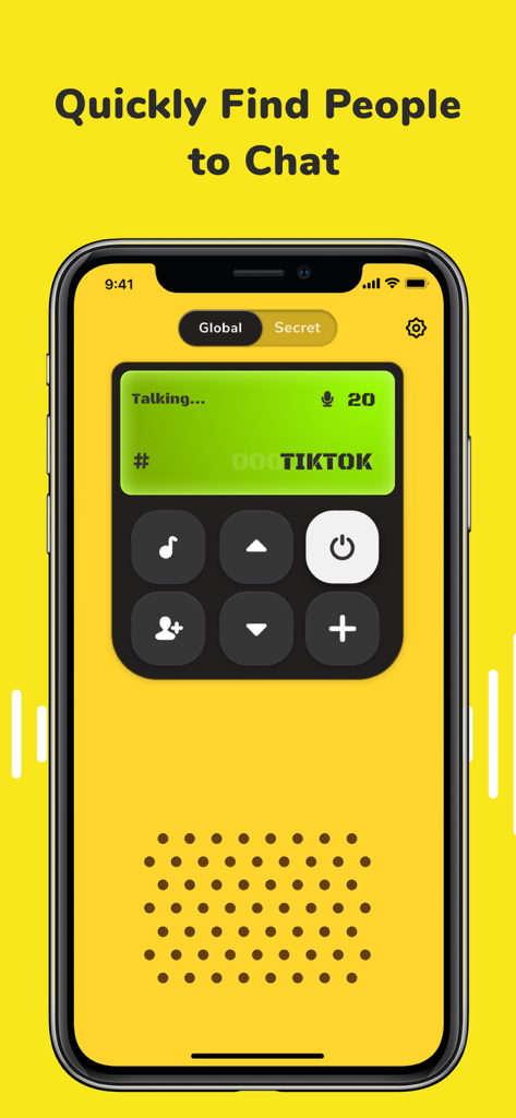 Walkie Talkie app interface showing a voice channel display and controls on a yellow background