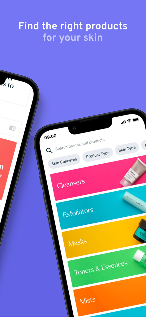 Skin Rocks - Skin Rocks app screen showing a search bar and skincare product categories like cleansers and exfoliators