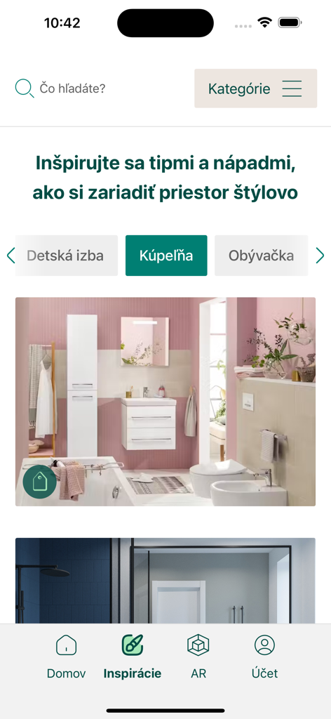 Virtual Dom app screen showing modern bathroom design ideas and interior decor inspiration