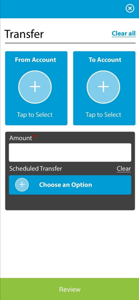 1st National Bank - Transfer funds interface in the 1st National Bank mobile app showing account selection and amount fields.