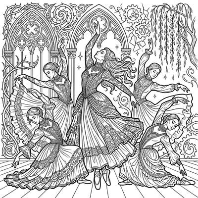 Dive into a world of dramatic beauty with this intricate coloring page featuring gothic dancers. Each elegant pose and ornate gown tells a story of societal reflection, offering a unique artistic challenge.