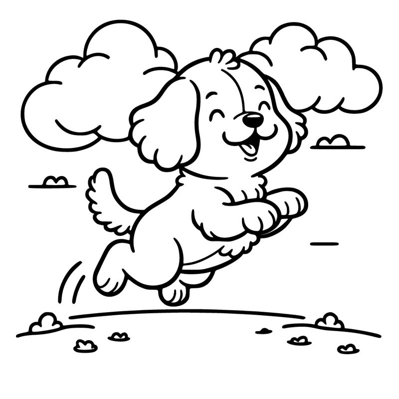 a jumping dog in front of a cloud